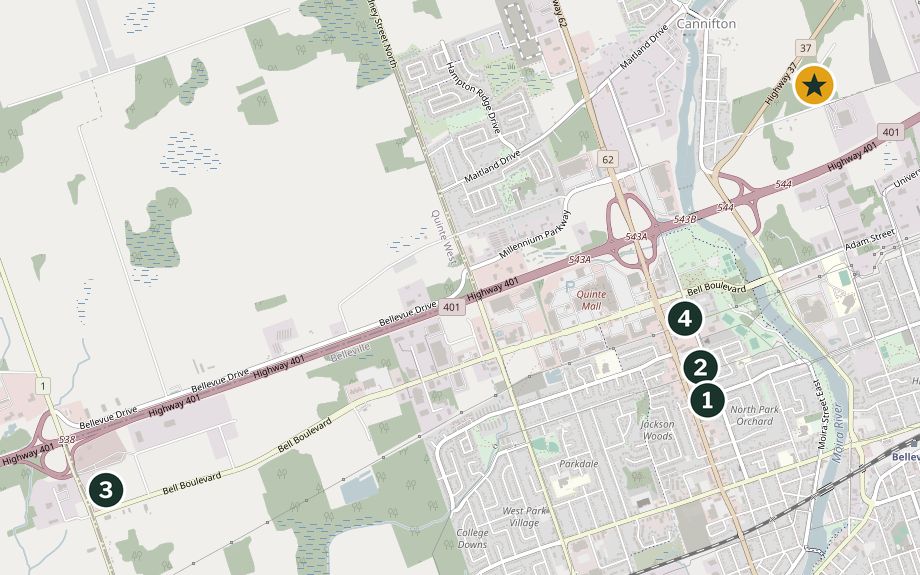 Map of Belleville. The venue is in the north-east, just north of Highway 401. Hotels 1, 2, and 4 are close together on North Front Street and North Park Street, about 2 kilometres south-west of the venue. Hotel 3 is about 5 kilometres further west, on Bell Boulevard by Highway 401.