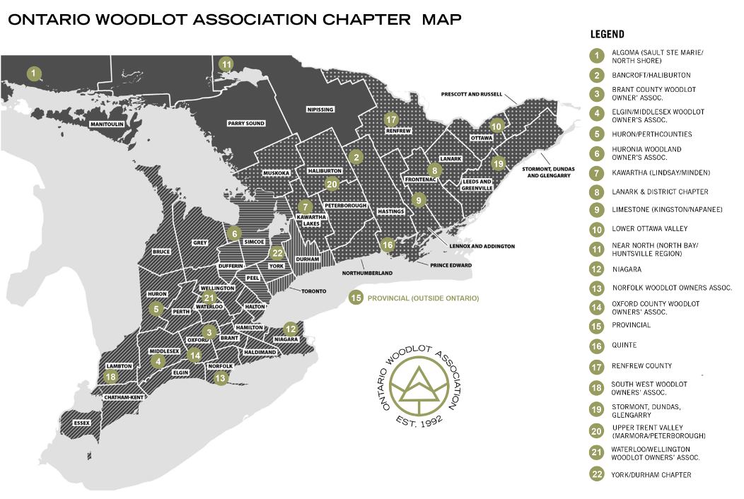 Map of the OWA’s 21 chapters, which cover southern and eastern Ontario: from Essex and Niagara in the south-west to Ottawa and Stormont, Dundas and Glengarry in the east, and north to Algoma and North Bay.